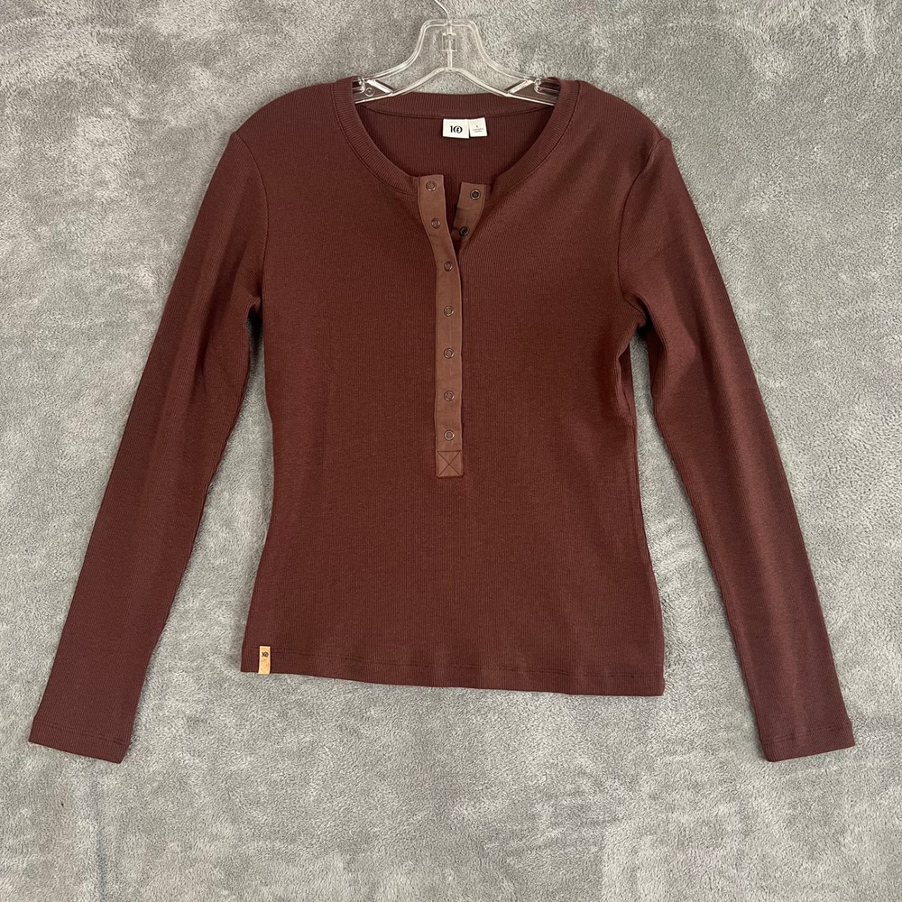 10 Tree Ribbed Henley T Shirt Womens L Brown Organic Cotton Sustainable
